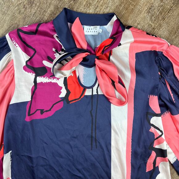 Tanya Taylor Avril Top Floral Satin Polyester Neck Tie Blouse - Picture 6 of 13